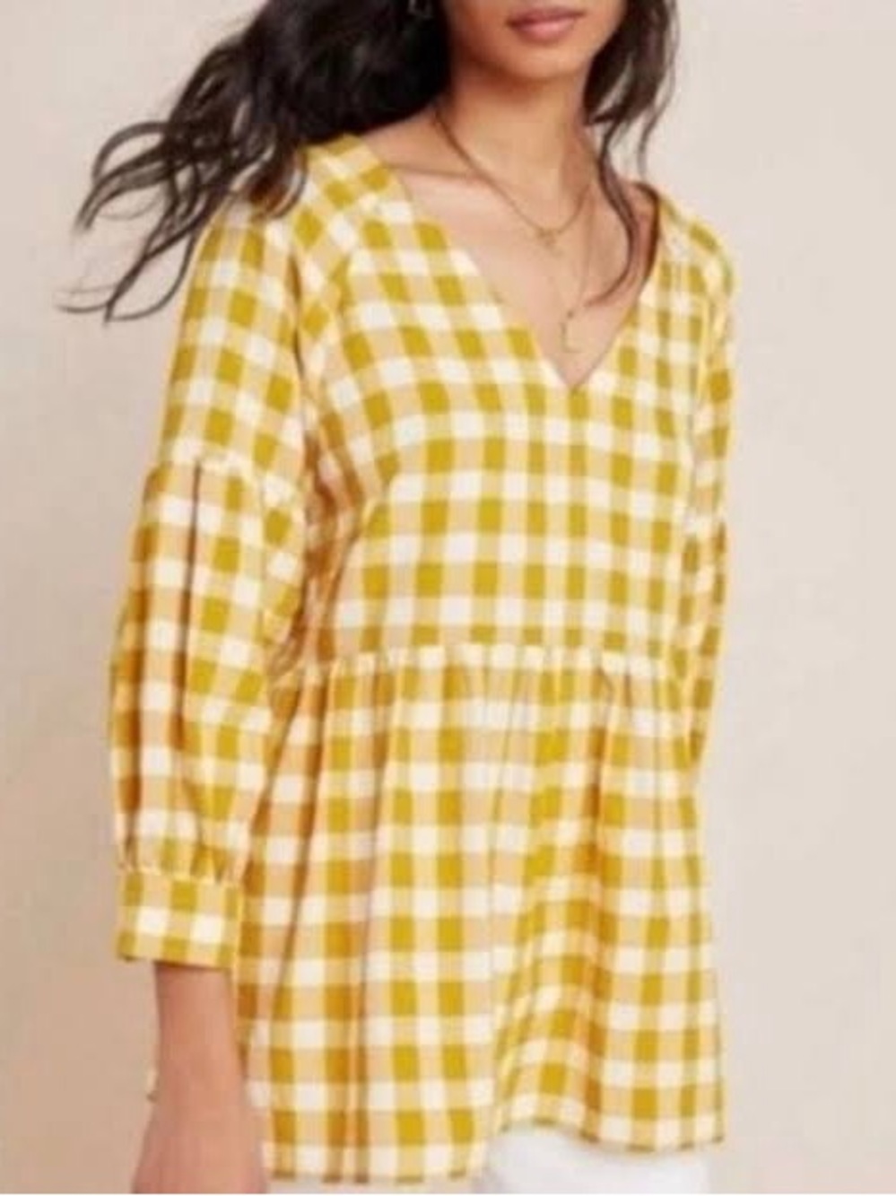 Anthropologie Maeve Mustard and White Gingham V-Neck Tunic